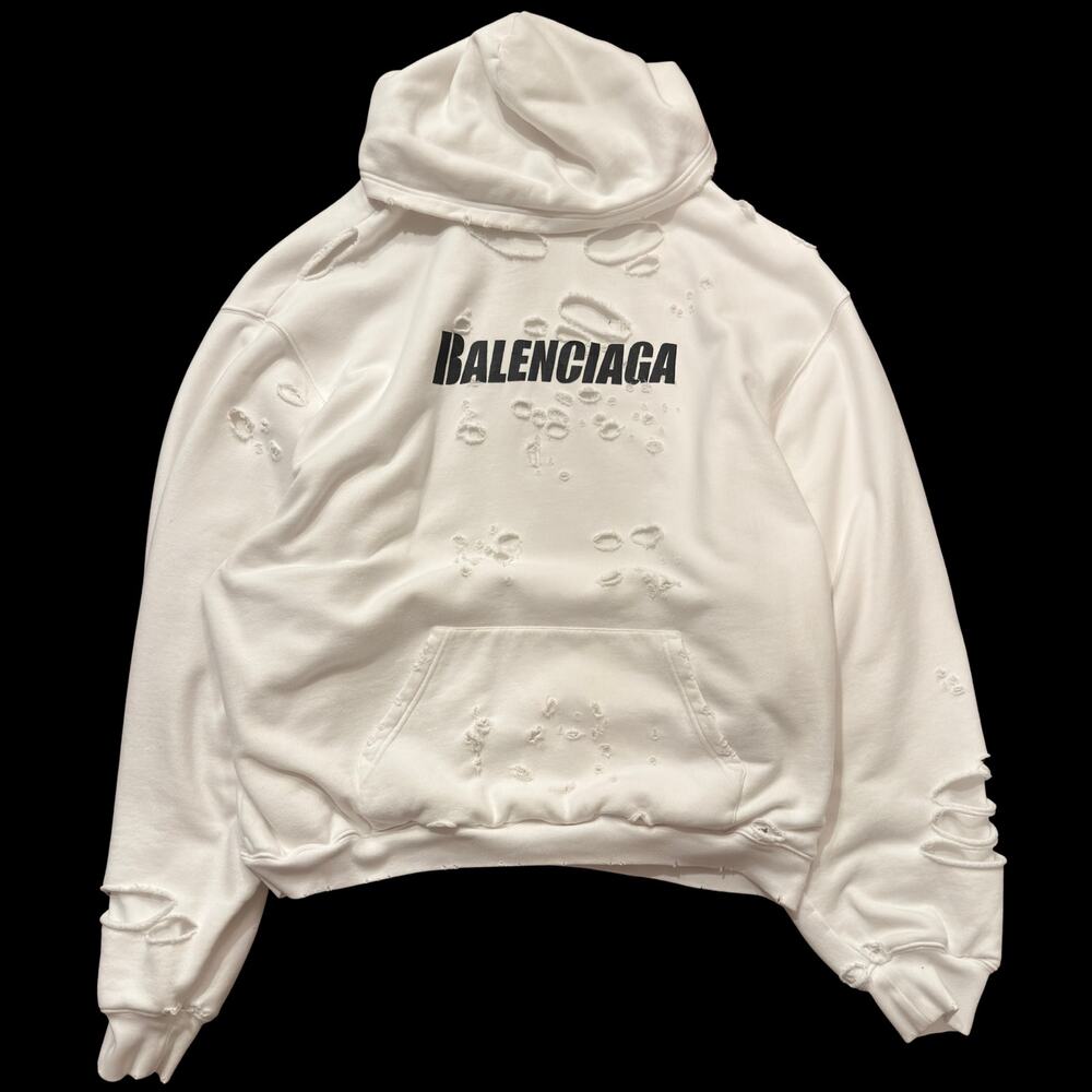 Balenciaga Destroyed Distressed Logo Print Hoodie White Sz M